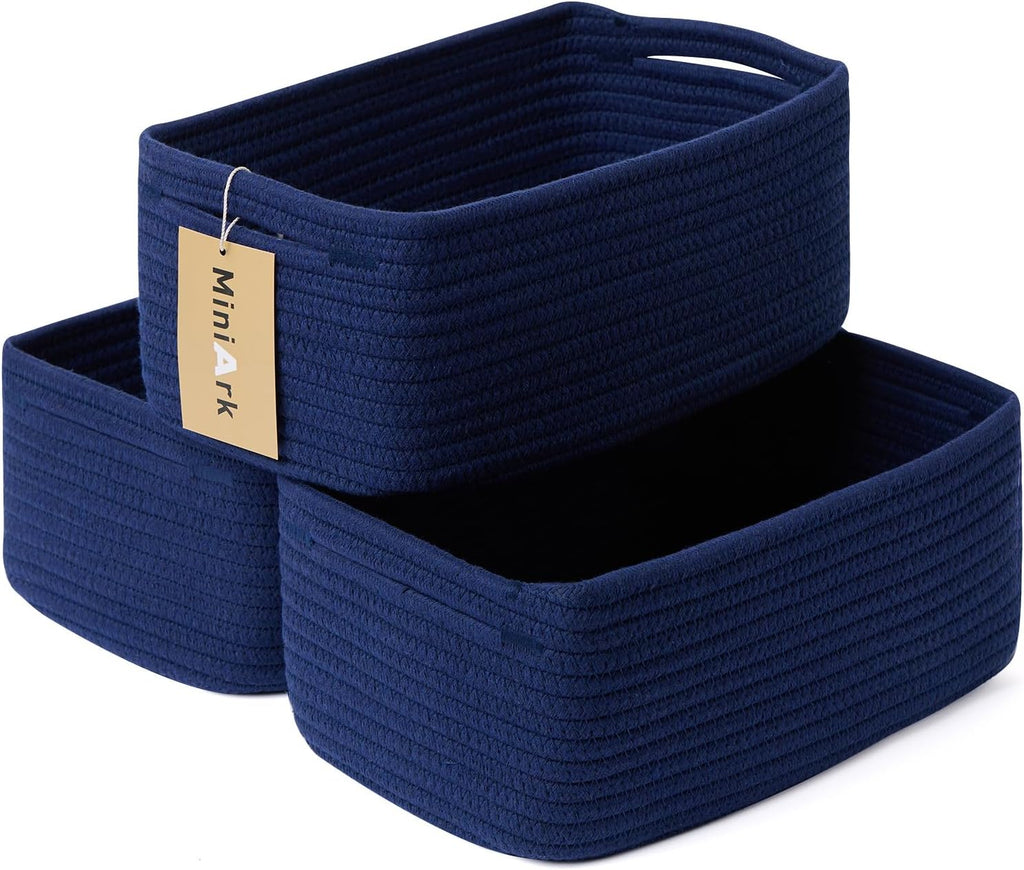 Small Storage Baskets for Organizing | Closet Organizer Bins | Shelf Toy Basket | Woven Rope Baskets | Cube Decorative Box | Shallow Basket | 13x8.5x5.1” | 3 Packs Navy Blue