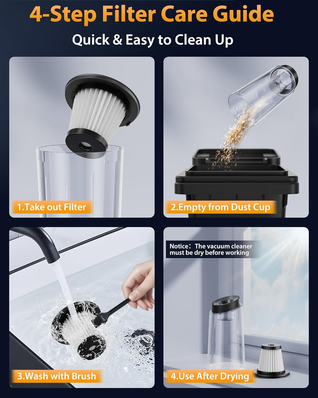 Handheld Vacuum Cordless 1.1 Pounds Car Vac 10000PA Hand Held Vacuums 4-in-1 Hand Vac Cordless Rechargeable HEPA Filter Large Capacity Dust Cup for Car Office Home Pets Hair (Yellow)