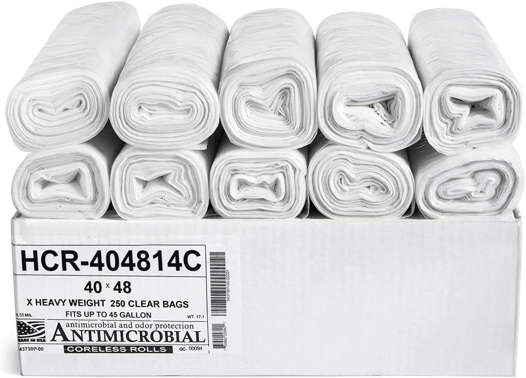 Aluf Plastics High Density Trash Bags, 45 Gallon, 250 Count, 14 Micron (eq), 40" x 48", Clear, for Bathroom, Office, Industrial, Commercial, Janitorial, Municipal, Recycling