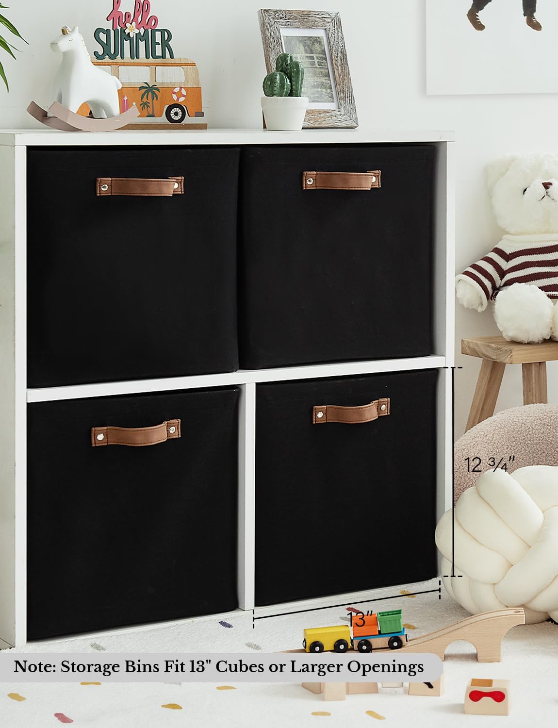 StorageWorks 13x13 Inches Storage Cube, Fabric Storage Bins with PU Handles, Collapsible Organizer Baskets for Closet, Black, 4-Pack