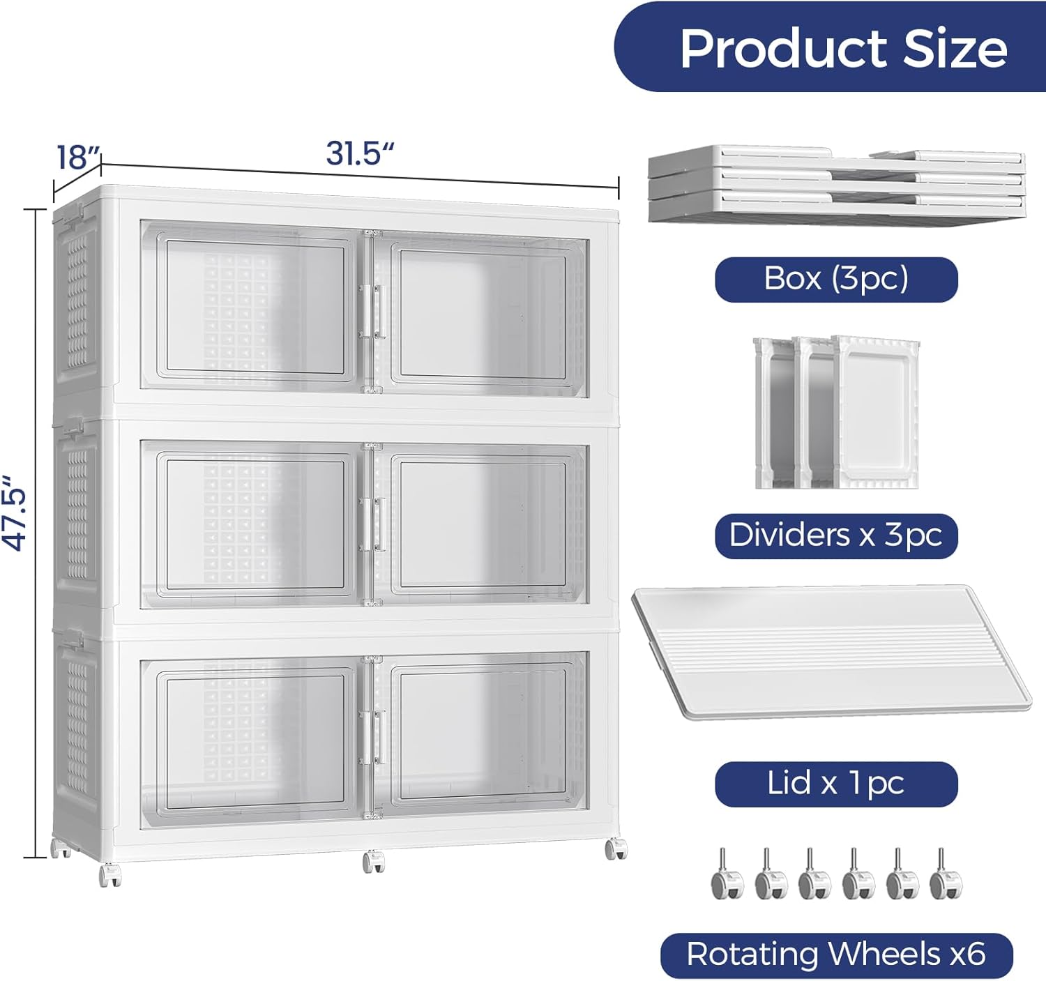 150GAL Extra Large Storage Bins with Lid, 600Qt Stackable Closet Organizers and Drawers, Collapsible Storage Bins with Wheels, Folding Storages Cabinet for Home Bedroom Office, 3Pack White