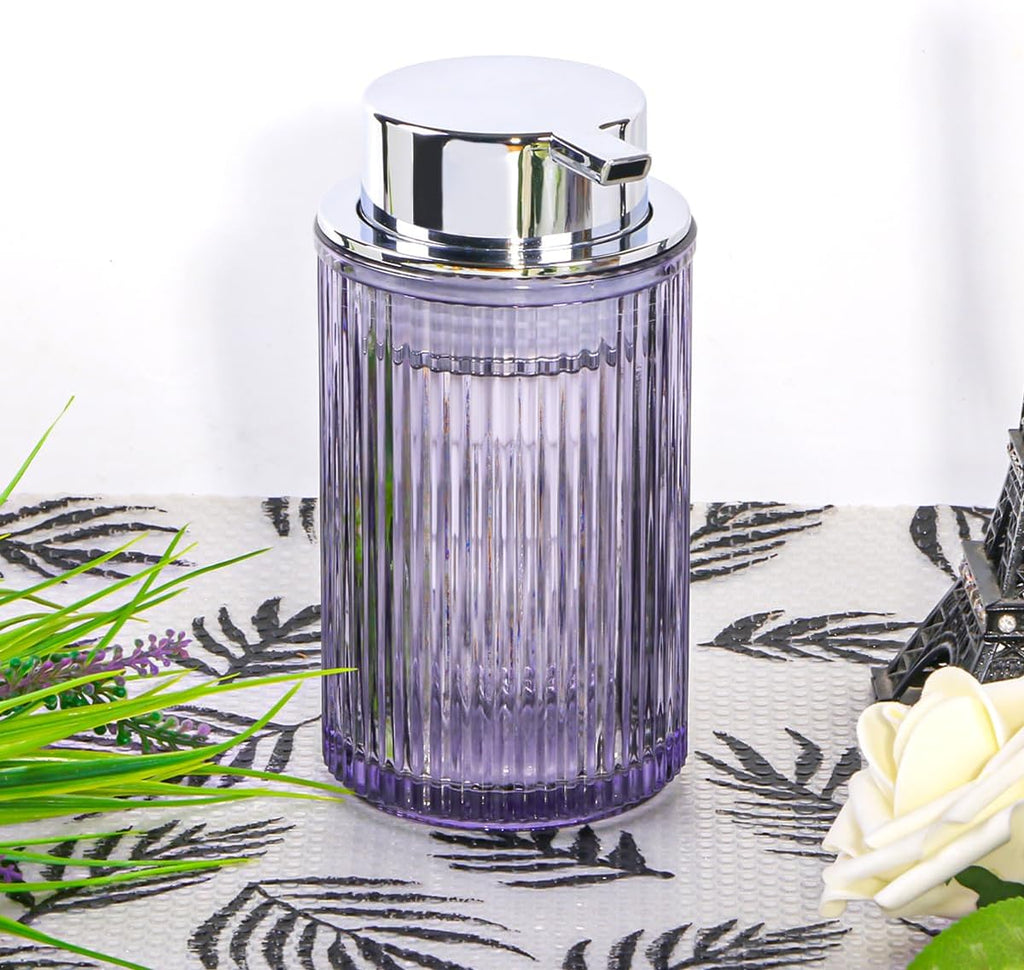 Foaming Soap Dispenser, 11 Oz Thick Glass Foam Hand Soap Dispenser, Refillable Glass Foam Pump Bottle Container Decorative Slim Ribbed Bottle for Bathroom and Kitchen (1, Purple Silver)