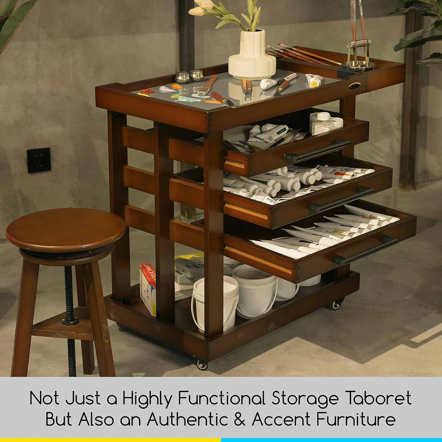 MEEDEN Art Supplies Storage Cart: 5-Tier Solid Beech Wood Utility Rolling Cart with 3 Drawers - Craft Orgnizer on 4 Wheels - Walnut Color