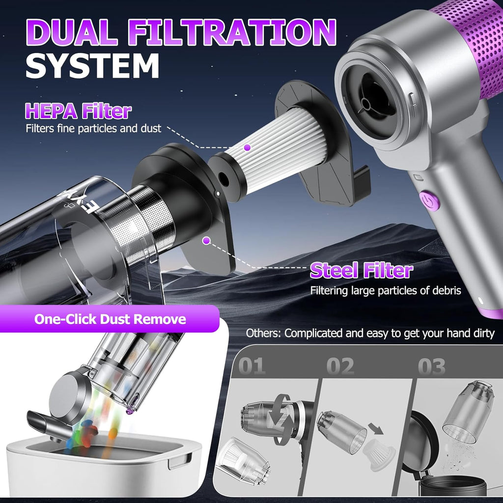 EYYA Handheld Car Vacuum Cleaner Cordless, 16000PA Powerful Hand Held Vacuum Cordless Rechargeable, 4-in-1 Portable Mini Vacuum & Air Duster with Multi-Nozzles and LED Light for Car Home Office