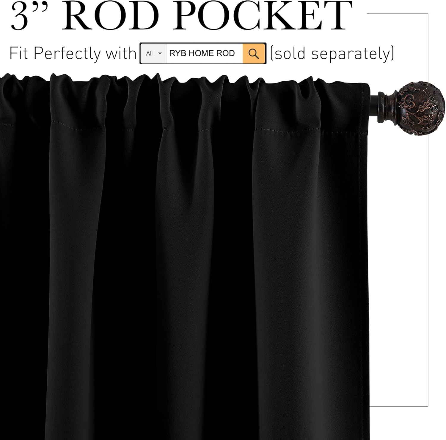 RYB HOME Bedroom Blackout Curtains - Black Curtains Solar Light Block Insulated Drapes Energy Saving for Bedroom Dining Living Room, 42 x 45 inches Long, Black, Set of 2
