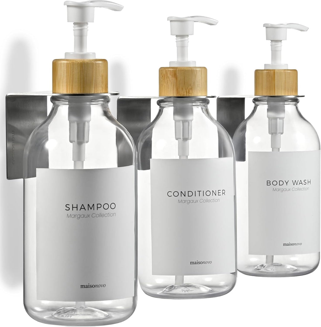 MaisoNovo Shampoo and Conditioner Dispenser - Shower Soap Dispenser Wall Mounted - 16.9 fl oz Set of 3 Clear Plastic Bottles White Bamboo Pump - Shampoo Dispenser, Shower Dispenser 3 Chamber No Drill