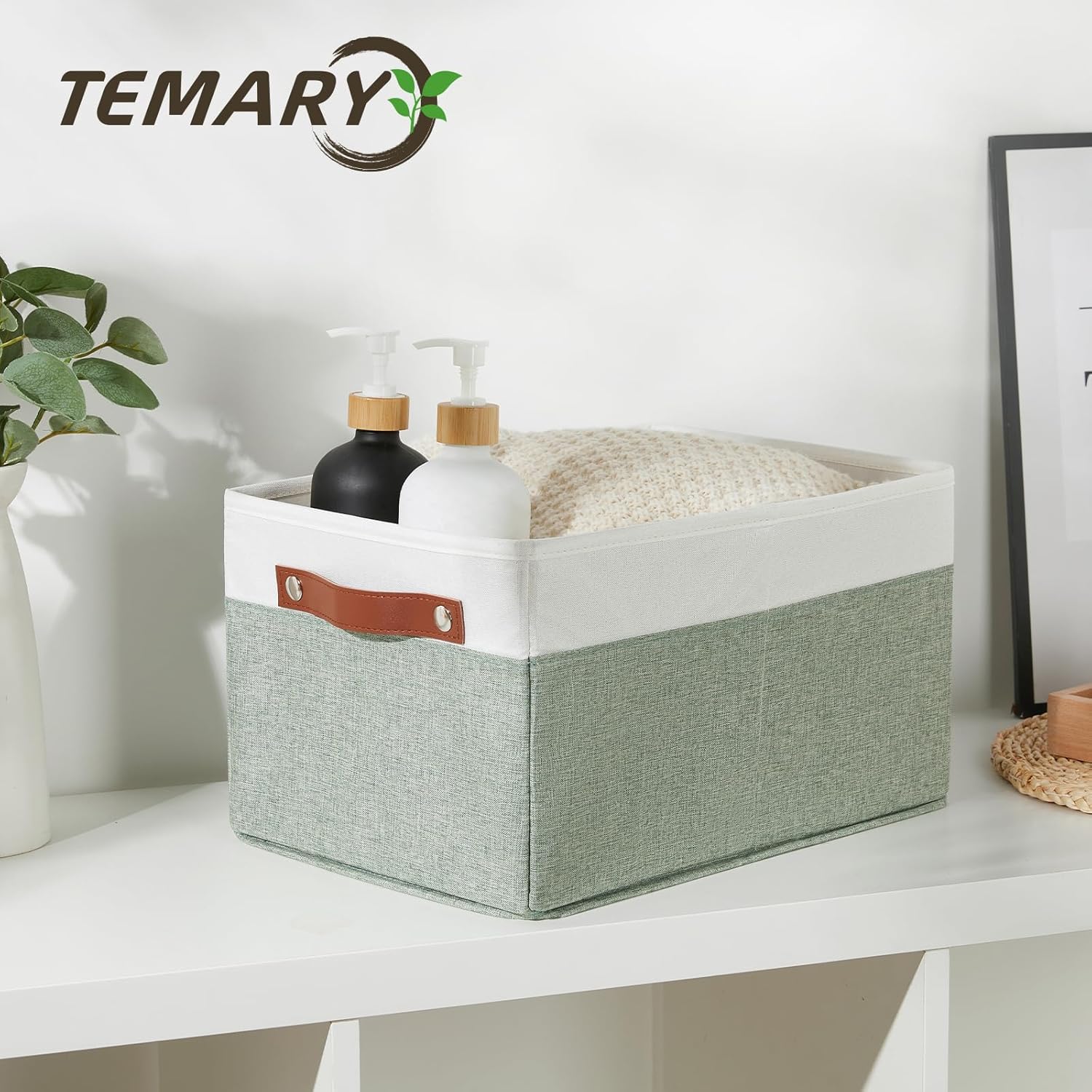 Temary Storage Bins Storage Baskets 4Pack Fabric Storage Bins for Shelves with Dual Leather Handles Canvas Storage Boxes for Organizing Home, Shelf, Closet (White&Green)