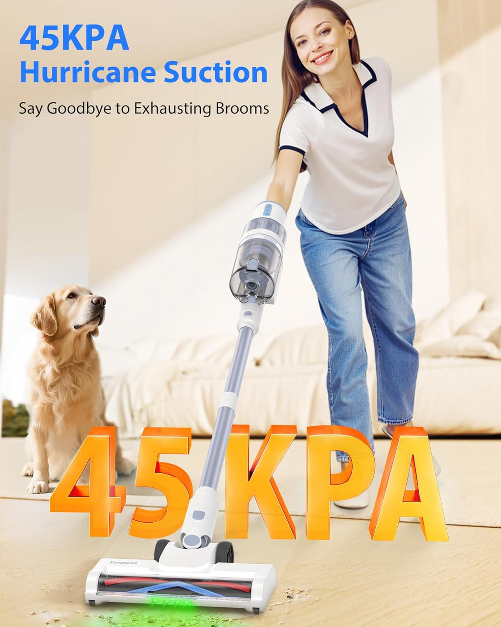 Cordless Vacuum Cleaner, 45KPA Stick Vacuum Cleaners for Home, 6-in-1 Rechargeable Lightweight Vacuum, Up to 35Mins Runtime, with Powerful Suction for Carpets, Pet Hair, Hardwood Floors