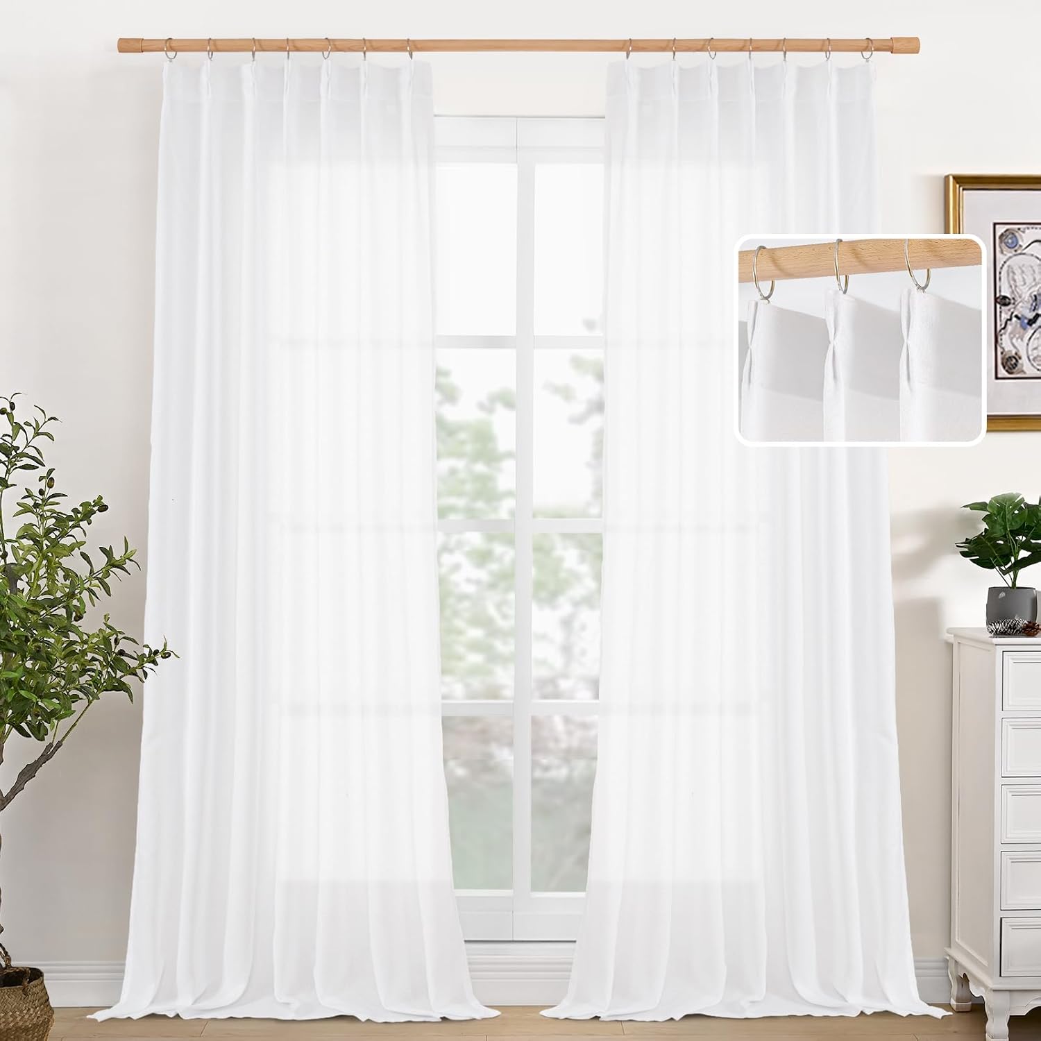 YoungsTex White Linen Curtains for Living Room 95 Inch Long 2 Panels, Semi Sheer Drapes Light Filtering with Pinch Pleated for Bedroom Dining Room Floor Length Window Treatments, 40 X 95 Inch