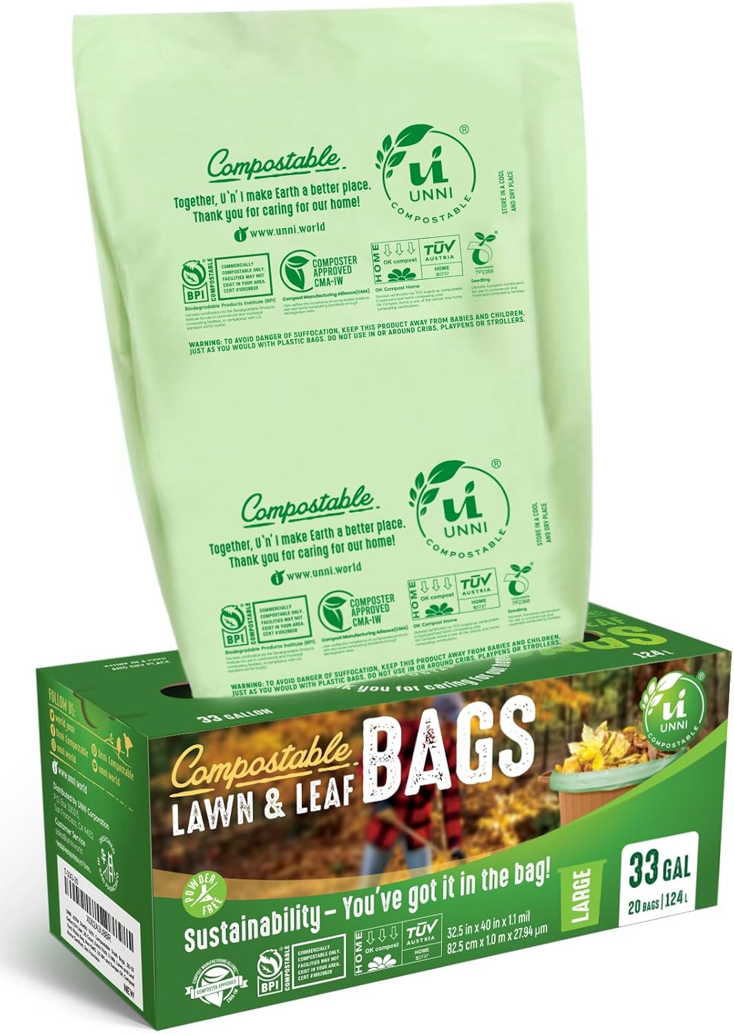 UNNI Compostable Lawn & Leaf Bags, 30-33 Gallon / 124 Liter, 20 Count, Extra Thick 1.1 mil Yard Waste & Food Scrap Liners, Certified by BPI, CMA & OK compost HOME, Meets the ASTM D6400 Standard