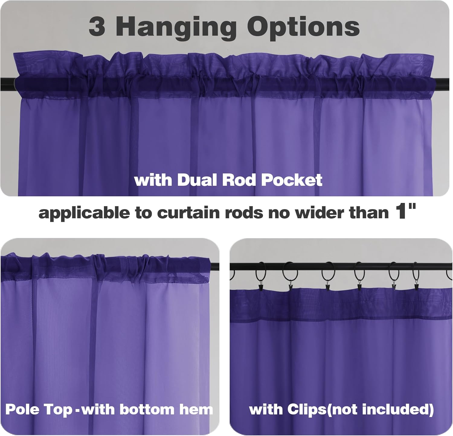 Chyhomenyc Purple Sheer Curtains 54 Inch Long 2 Panels, Light Filtering Rod Pocket Voile Short Curtains Drapes for Living Room Bedroom Small Windows, 42Wx45L Inches