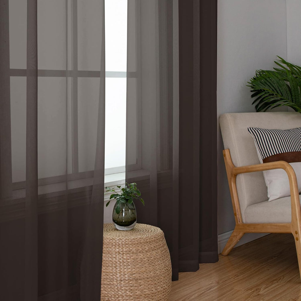Chyhomenyc Chocolate Brown Sheer Curtains 54 Inch Long 2 Panels, Light Filtering Rod Pocket Voile Short Curtains Drapes for Living Room Bedroom Small Windows, 42Wx45L Inches