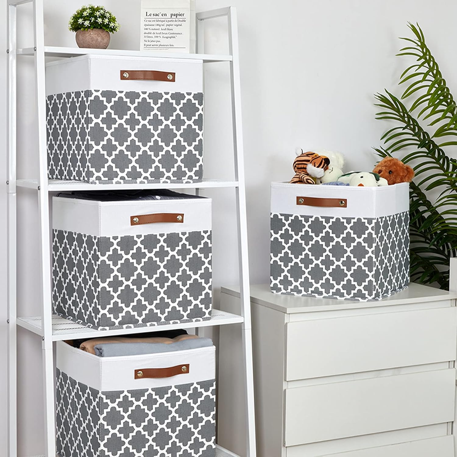 Temary Cube Storage Bins 13x13 Cubes Storage Bins for Shelf, 4 Pack Cube Storage Bins for Organizing Storage Basket with Handles(Grey Lattice)