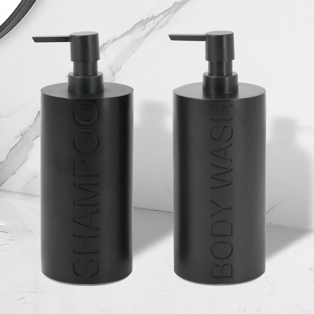 Matte Black Resin 2 Piece Shampoo and Body Wash Dispenser Set, Luxurious Refillable Pump Bottles with Matte Pump Top and Embossed Text, Durable Design for Bathroom and Shower