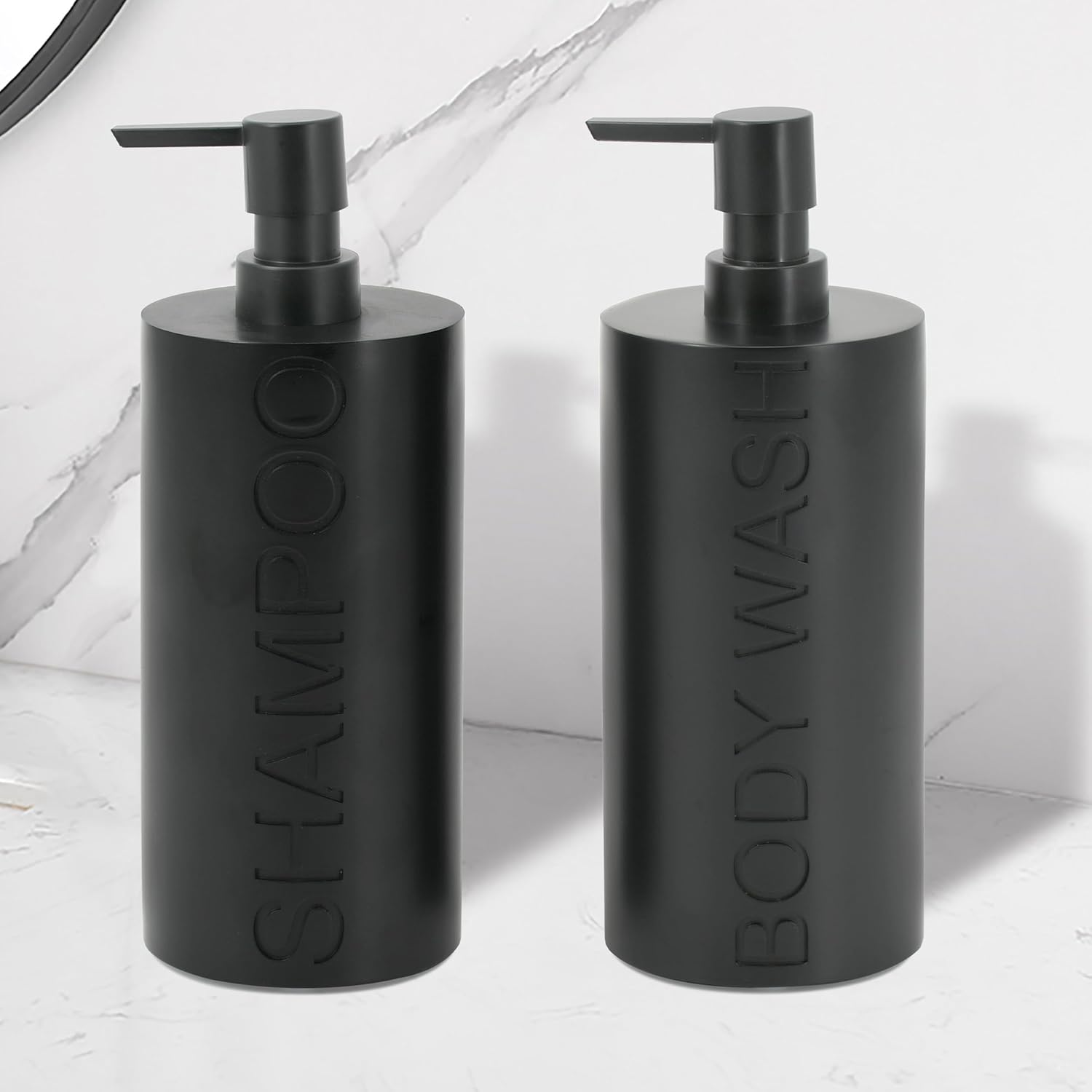Matte Black Resin 2 Piece Shampoo and Body Wash Dispenser Set, Luxurious Refillable Pump Bottles with Matte Pump Top and Embossed Text, Durable Design for Bathroom and Shower