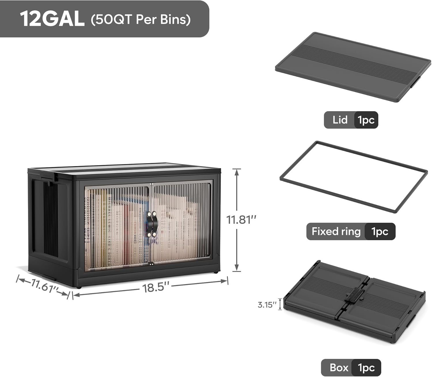 Jalove 50QT Plastic Storage Bins with lids, Stackable Collapsible Storage Containers with Wheels, Closet Organizer and Storage Drawers, Clothes Storage Cabinet for Home Office Garage, 1 Pack Black