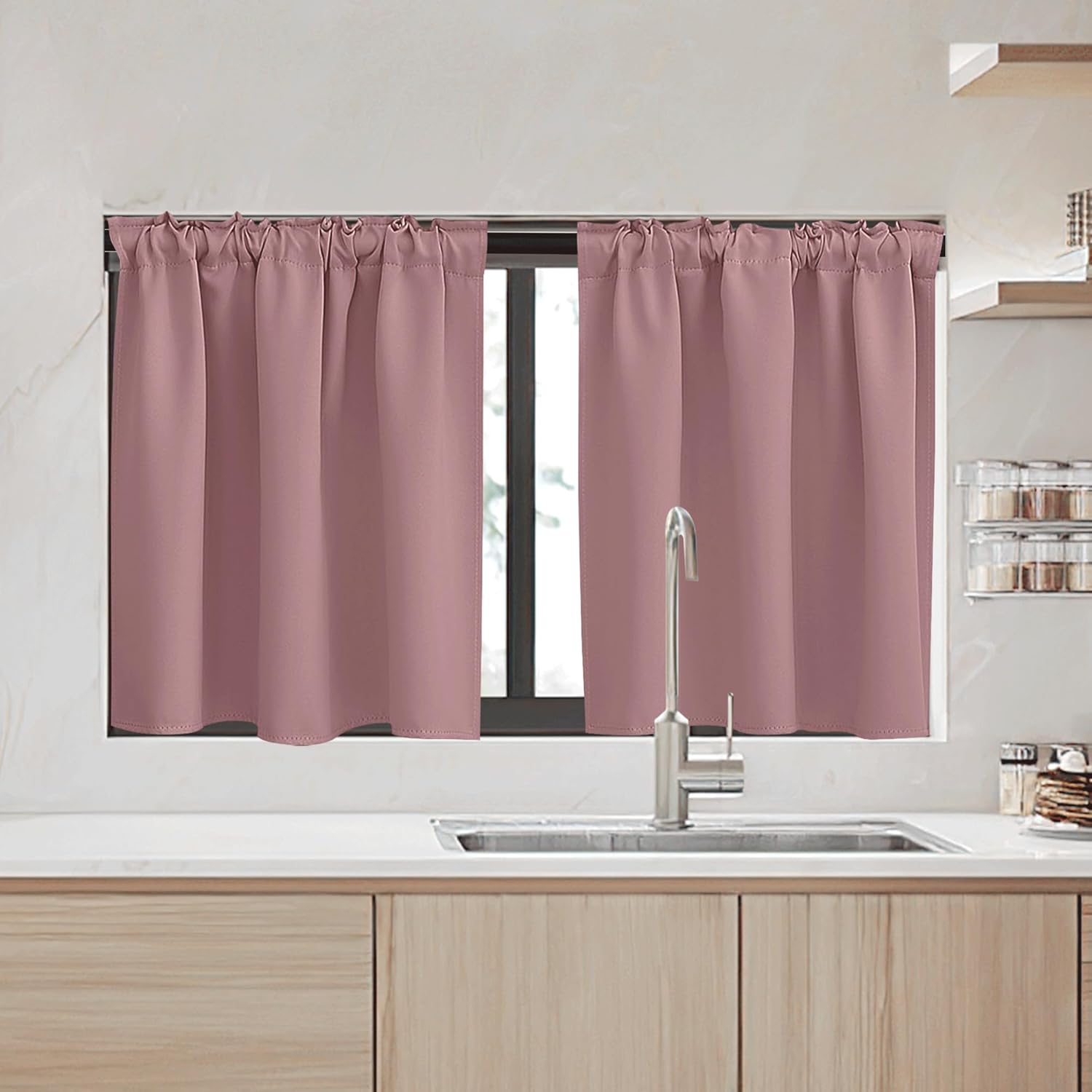 RYB HOME Kitchen Window Curtains - Blackout Privacy Half Window Curtains for Bedroom Bathroom Dining Living Room Cafe Office Short Tiers Drapes, W 34 x L 36 inches, 2 Panels, Wild Rose