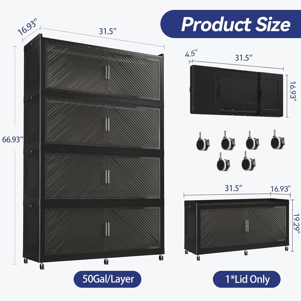 200GAL Extra Large Storage Bins with Lid, 800QT Collapsible Organizer with Wheels, Stackable Closet Cabinet with Doors, Folding Storage Containers for Home, Office, Dorm, 4Pack Black