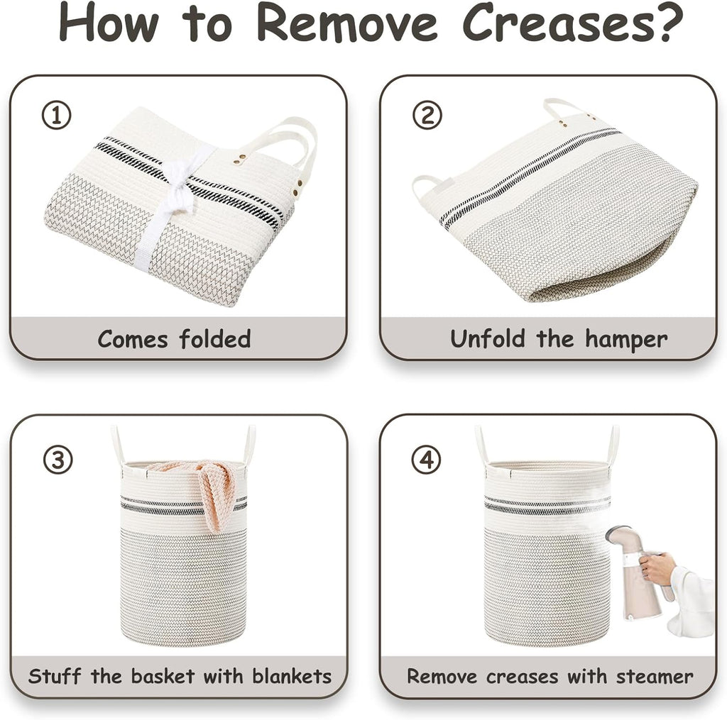 VIPOSCO Tall Laundry Basket, Large Dirty Clothes Hamper with Leather Handle, Woven Rope Storage Basket for Blanket, Toy In Living Room, Bathroom, Bedroom - 58L Stripe White