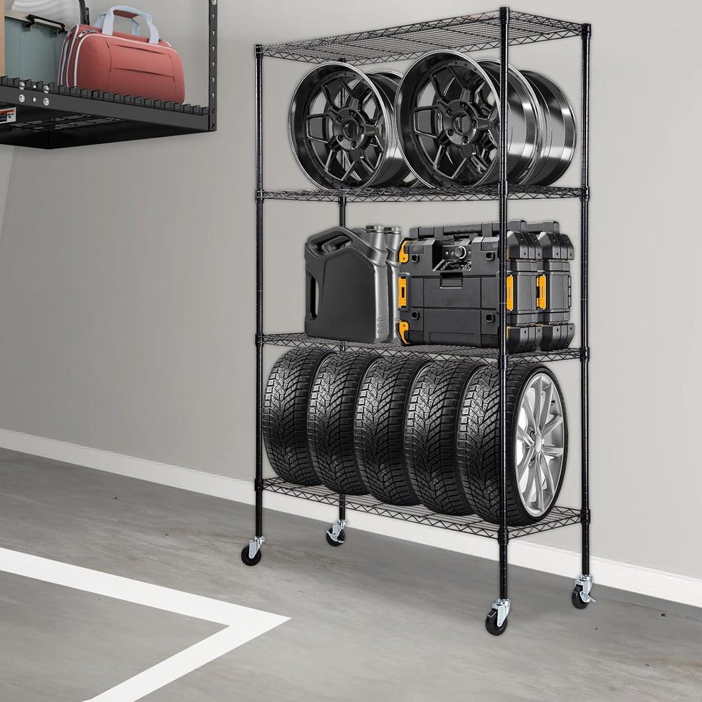 VEVOR Storage Shelving Unit, 4-Tier Adjustable Storage Shelves, 48" L x 18" W x 74" H Garage Storage Shelves, Metal Shelves with Wheels for Kitchen Pantry Basement Bathroom Laundry