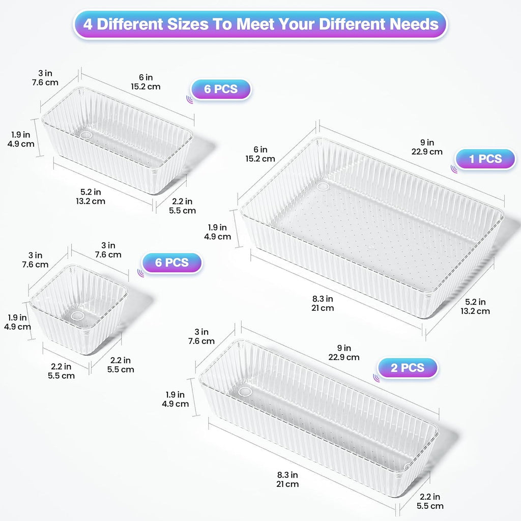 15 PCS Clear Plastic Drawer Organizer Set - 4 Sizes Makeup Organizer Desk Drawer Divider Bathroom Organizers and Storage Bins for Makeup, Jewelry, Gadgets, Office, Kitchen, Bedroom, Bathroom