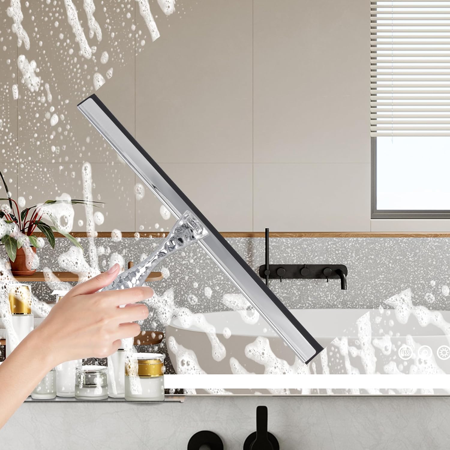 12" Silver Shower Squeegee with Hammered Handle & Waterproof Hook for Glass Doors, Silicone Bathroom Tile Wall and Car Window - Streak-Free Handheld Squeegee