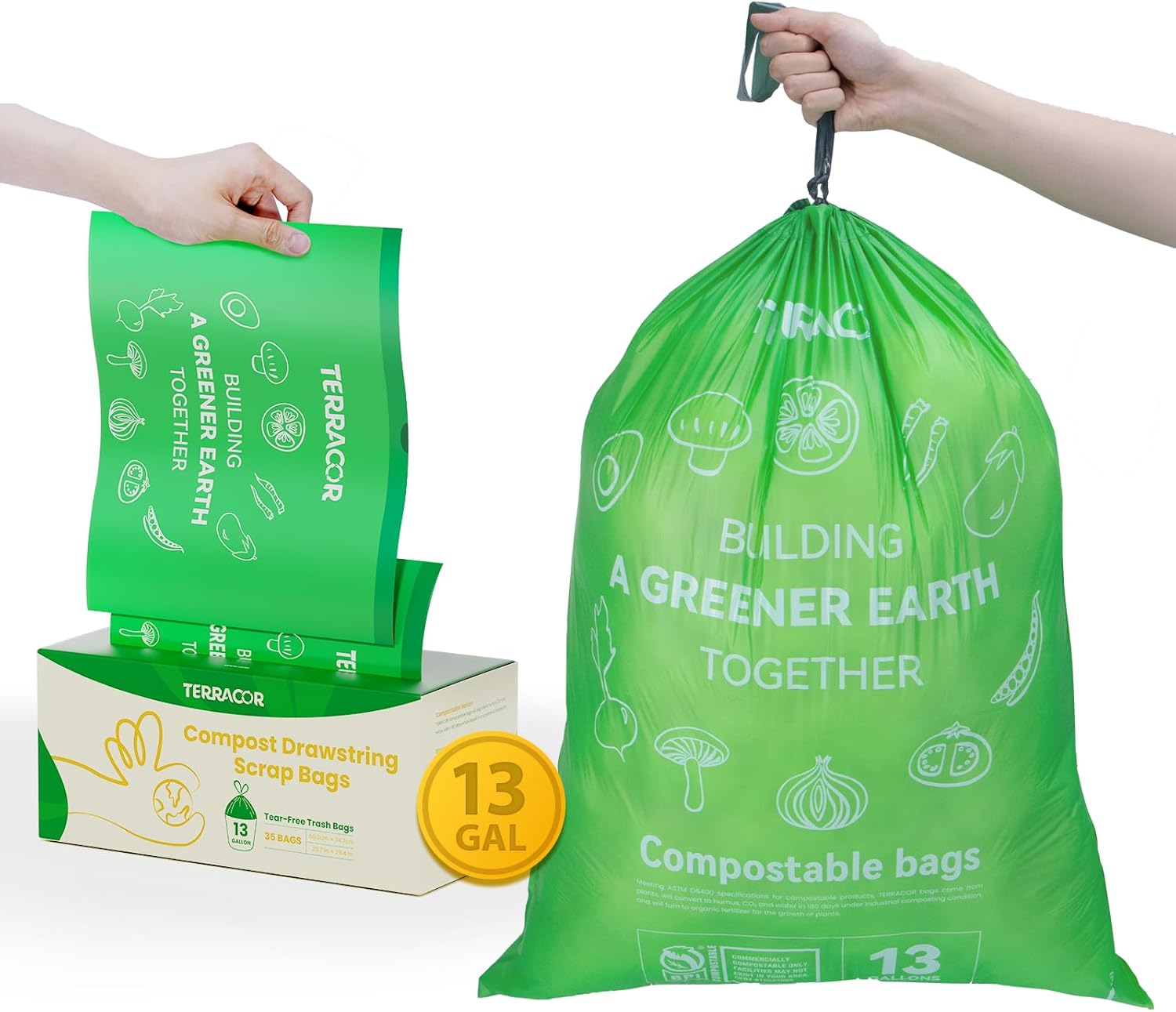 13 Gallon Compostable Trash Bags Liners Drawstring, Heavy Duty Extra Thick 1 Mil, 49.21 Liter, 35 Bags, Tall Kitchen Food Scrap Waste Bag, ASTM D6400