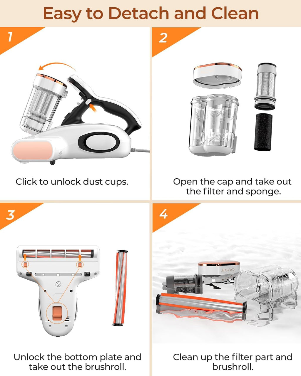 JIGOO Bed Vacuum Cleaner with Dust Sensor, Mattress Vacuum Cleaner with UV & Ultrasonic and High Heating, 13Kpa Suction 500W Powerful Double-Cup Handheld Vacuums (J300, Corded)