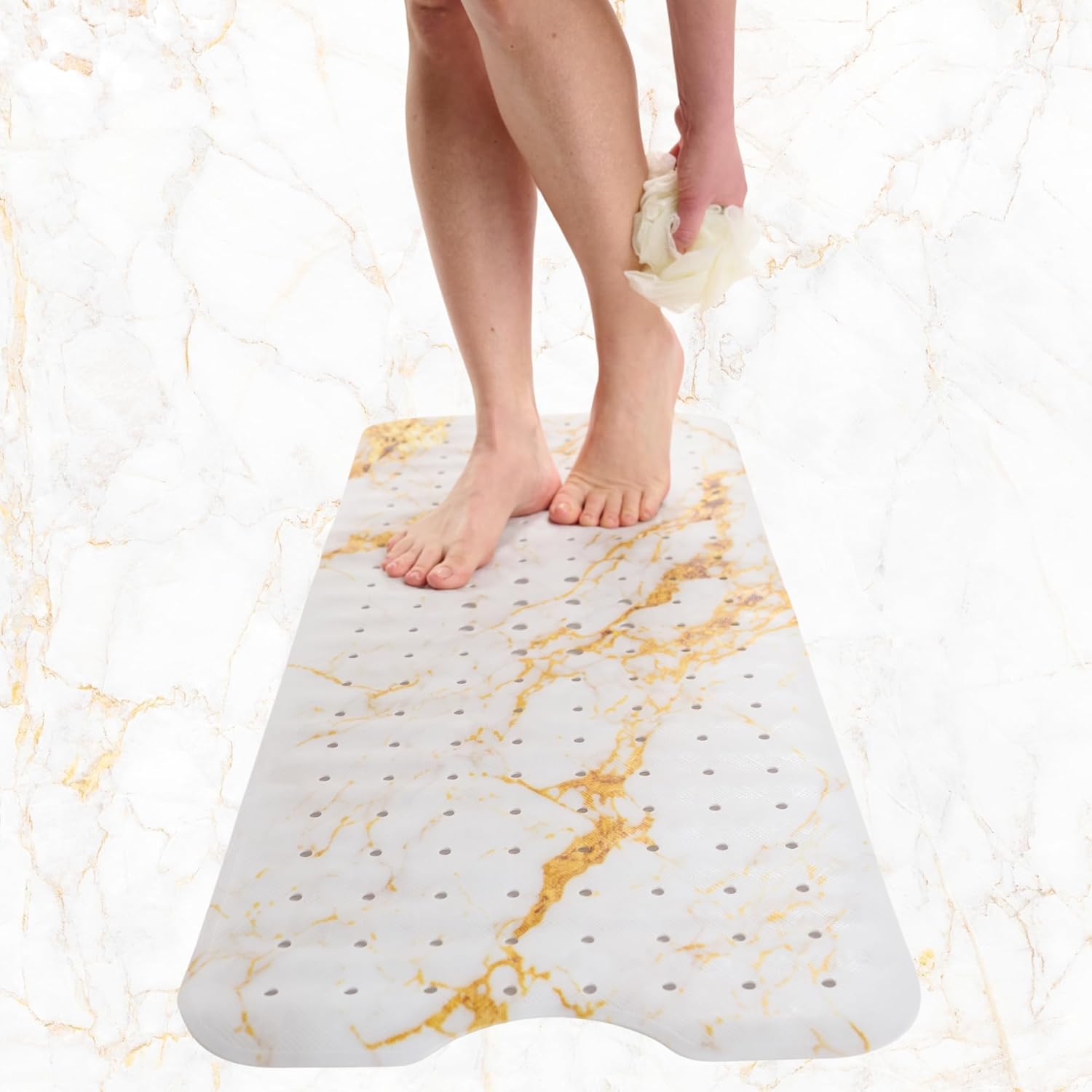 ENKOSI Bath Mat – Large 40 x 16 Inch Non-Slip Bathtub Mat with Secure Suction Cups & Drain Holes – Extra Long Bathroom Shower Mat for Tub with Marble Gold Design (40x16 Marble Gold)