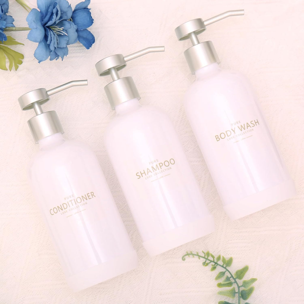 Shampoo and Conditioner Dispenser Set of 3,Refillable 21oz Shampoo Bottles with Non-Slip Protective Silicone Pad,Shower Soap Dispenser with Waterproof Labels for Bathroom (White)