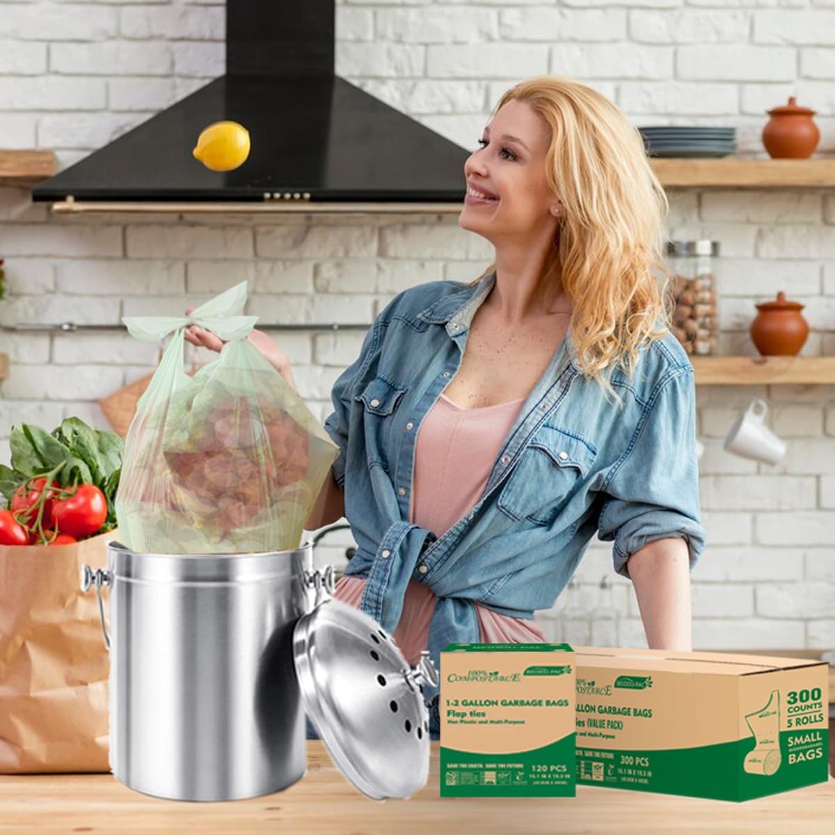 1-2 Gallon Flap Tie Compostable Trash Bags, 300 Count Small Compost Bags, Biodegradable Kitchen Garbage Bags, Food Scrap Waste Bags for Countertop Bin, ASTM D6400, US BPI Certified