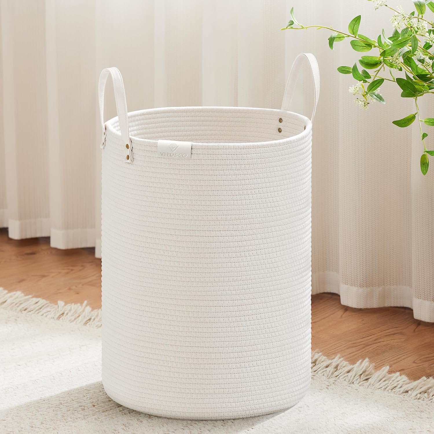 VIPOSCO Tall Laundry Basket, Large Dirty Clothes Hamper with Leather Handle, Woven Rope Storage Basket for Blanket, Toy In Living Room, Bathroom, Bedroom - 58L White