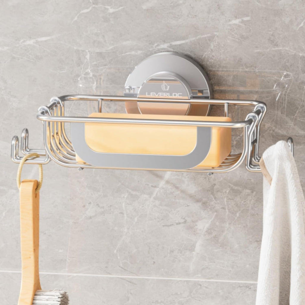 LEVERLOC Bar Soap Holder Dish with Hooks, Soap Tray Suction Cup Wall Mounted for Shower, Stainless Steel Sponge Holder Caddy for Bathroom Kitchen Sink Organizer, Rustproof, Silver