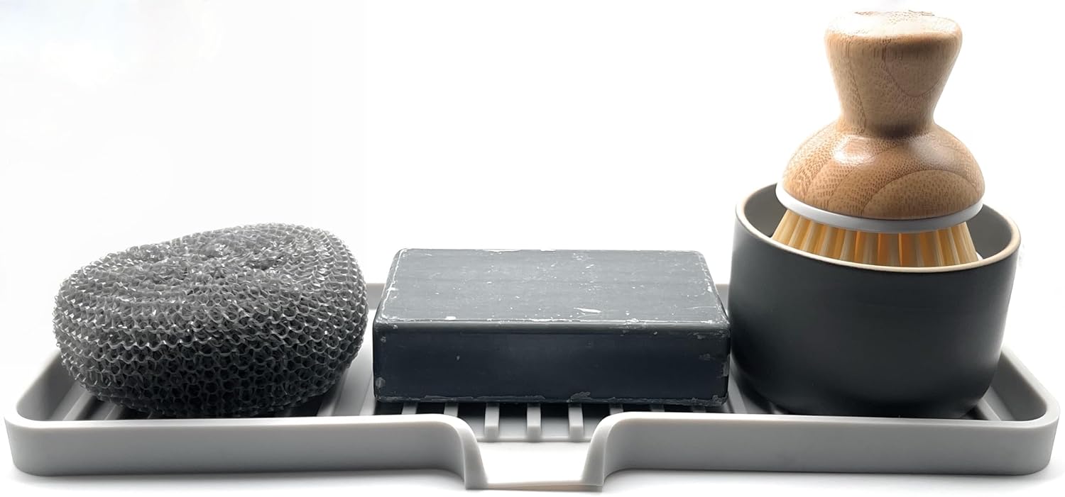 Happitasa Silicone Soap Dish Tray and Sponge Holder with Drain Chute | Bathroom and Kitchen Sink Organizer Caddy (Light Grey, 12"x4", 7.4 Ounces)