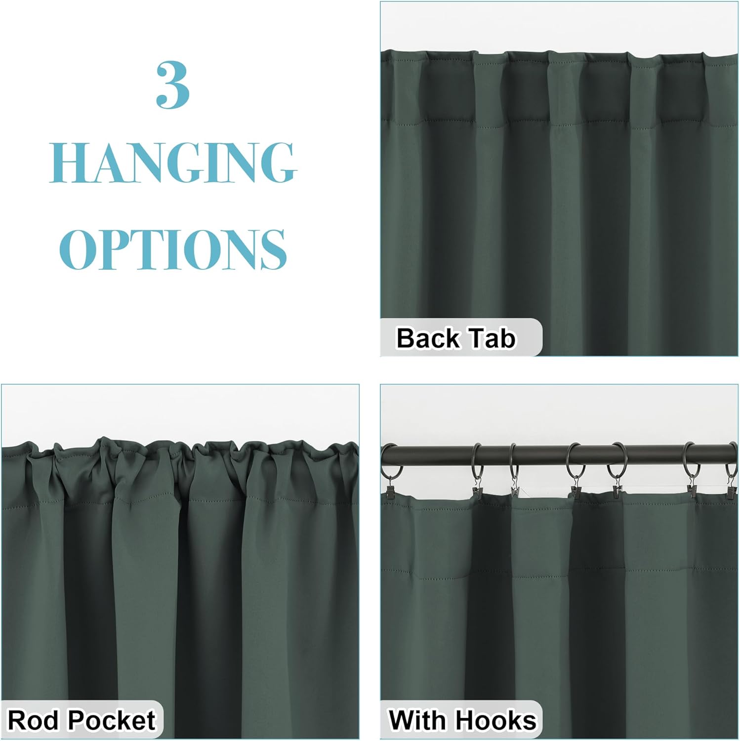 RYB HOME Small Window Curtains Blackout, Privacy Thermal Insulating Drapes for Bedroom Bathroom Basement Cafe Classroom Window Decor, W 34 x L 45 inches, Dark Green, 2 Panels