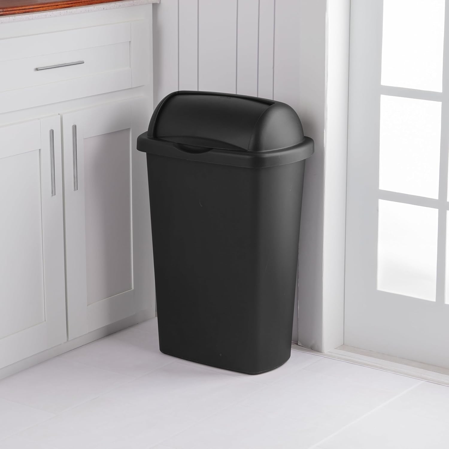 13 Gallon Roll Top Wastebasket – Lift-Open Kitchen Black Trash Can 13 Gallon, Large Office/Home Garbage Basket,Black