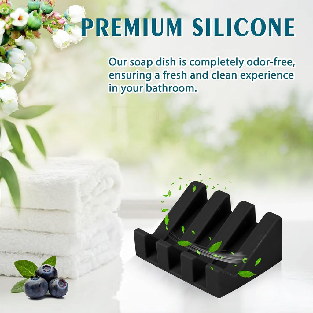 Silicone Soap Dish for Bar Soap Holder for Shower Bathroom Self Draining Waterfall Drying Tray Keep Soap Bars Dry Clean & Easy Cleaning (Black, 1)