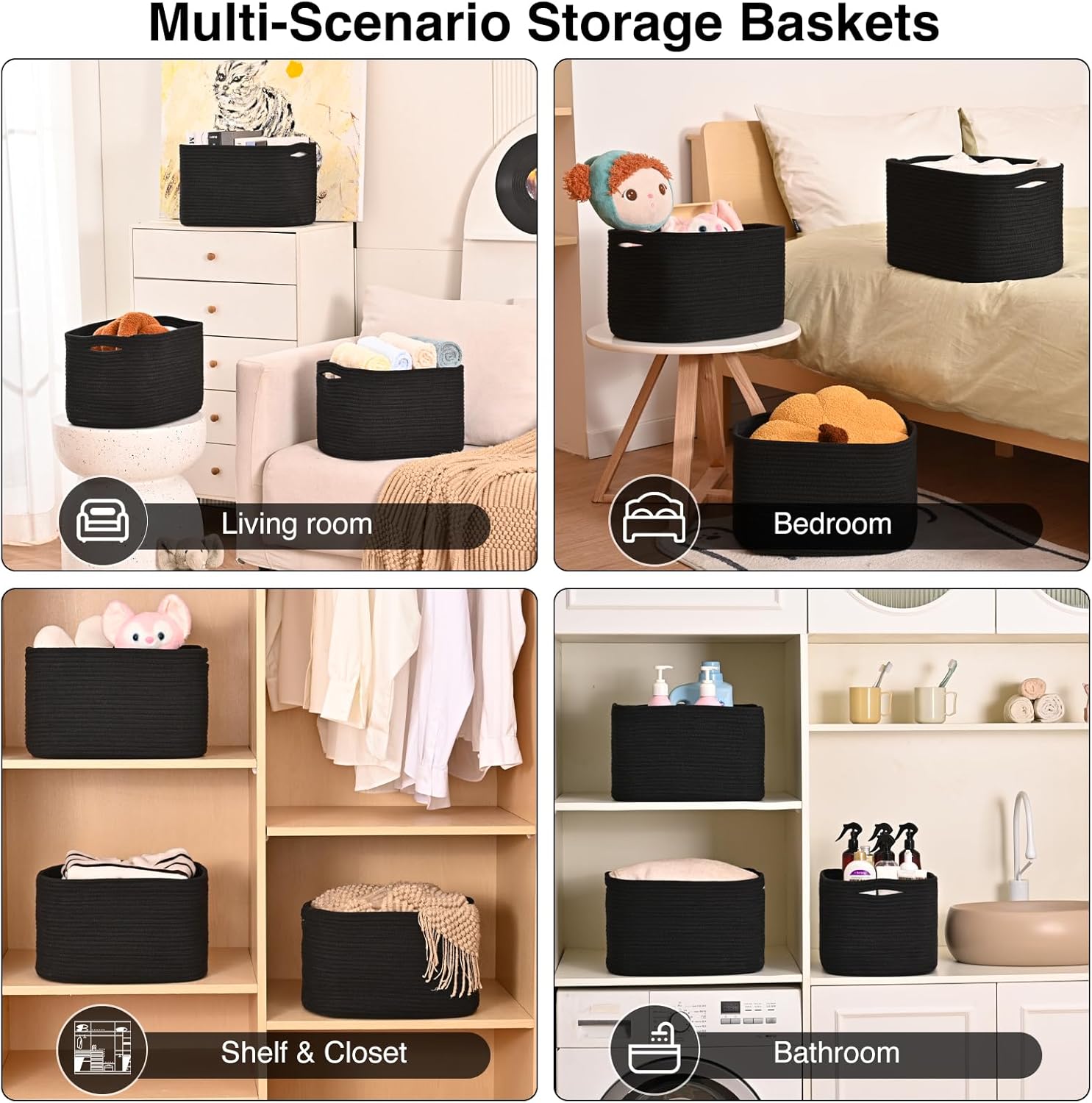 Black Storage Baskets for Organizing Shelves, Toy Basket for Nursery, Woven Cotton Rope Basket for Decor, Towel Baskets for Bathroom, 15"x11"x9.5", 3 Packs, Black