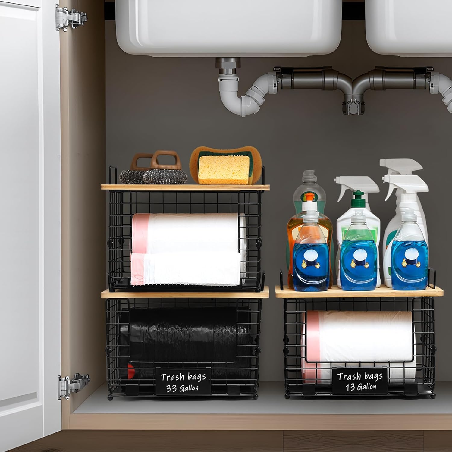 1 Pack Stackable Storage Trash Bag Baskets with Bamboo Top, Large & Standard Trash, Garbage Bag Holder Dispenser, Multiuse Basket for Kitchen Pantry Cabinet Counter Under Sink Laundry Organizing