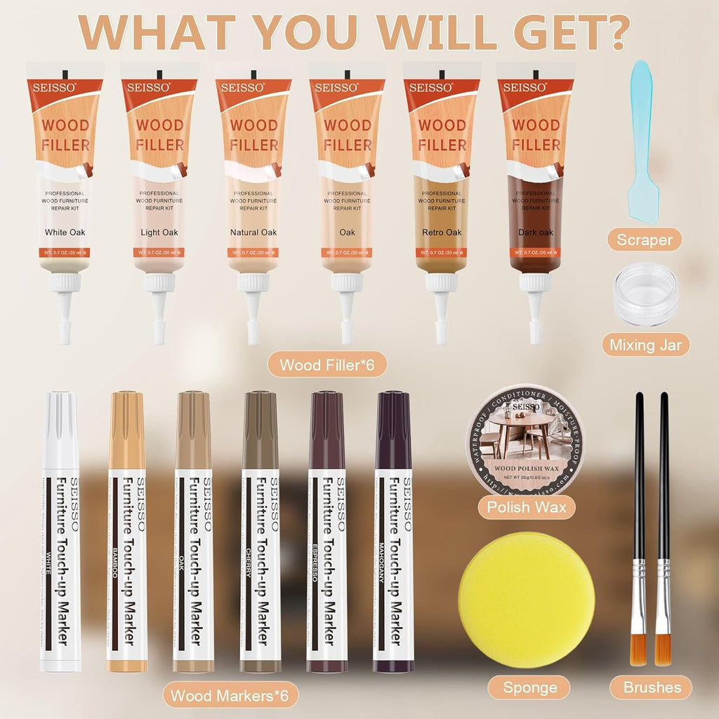 Wood Furniture Repair Kit - 6 Oak Color Wood Fillers with 6 Touch Up Markers and Wood Polish Wax for Wooden Stains, Scratch Repair, Cracks, Perfect for Laminate, Cabinet, Tables, Oak, Walnut