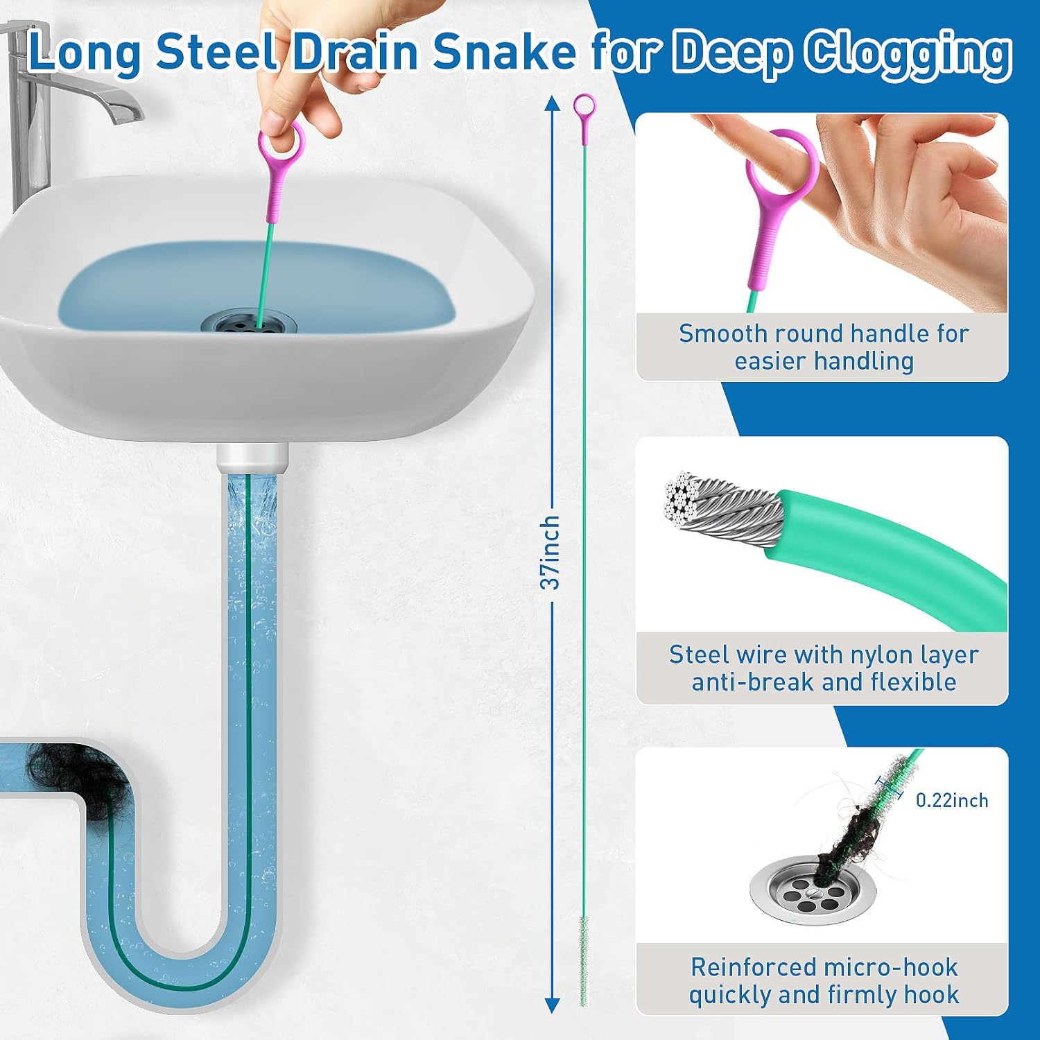 12 Pack Drain Clog Remover Kit, 59" Drain Snake(3pcs), 37" Steel Sink Snake(2pcs), 25" Snake Drain Hair Removal Tool(4pcs), 24" Drain Cleaner Tool(1pc), 18" Drain Brush(2pcs) for Sink, Toilet, Shower