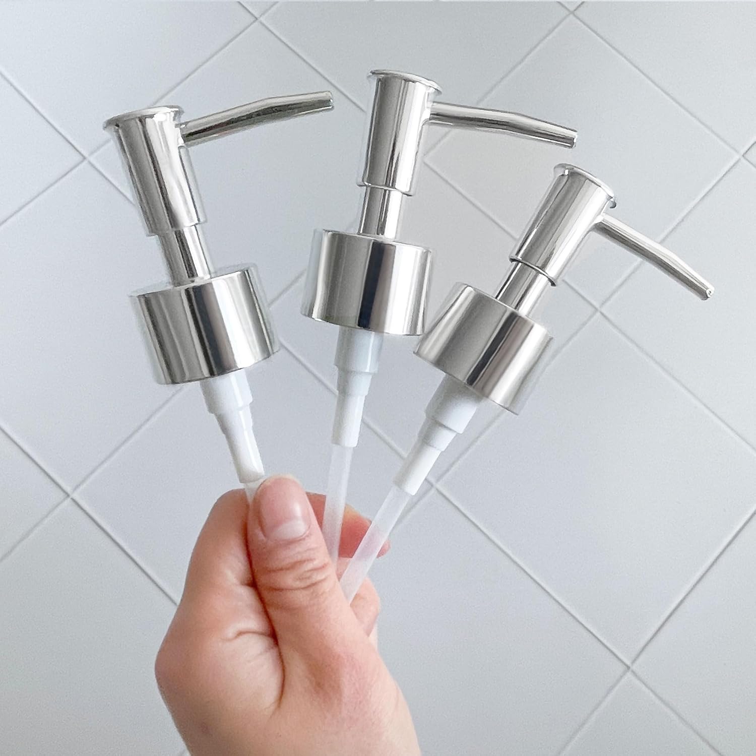 Soap Dispenser Pump Head Replacement 3 Pack, 28/400 Threads Standard Size, for Bathroom and Kitchen (Clear Silver)