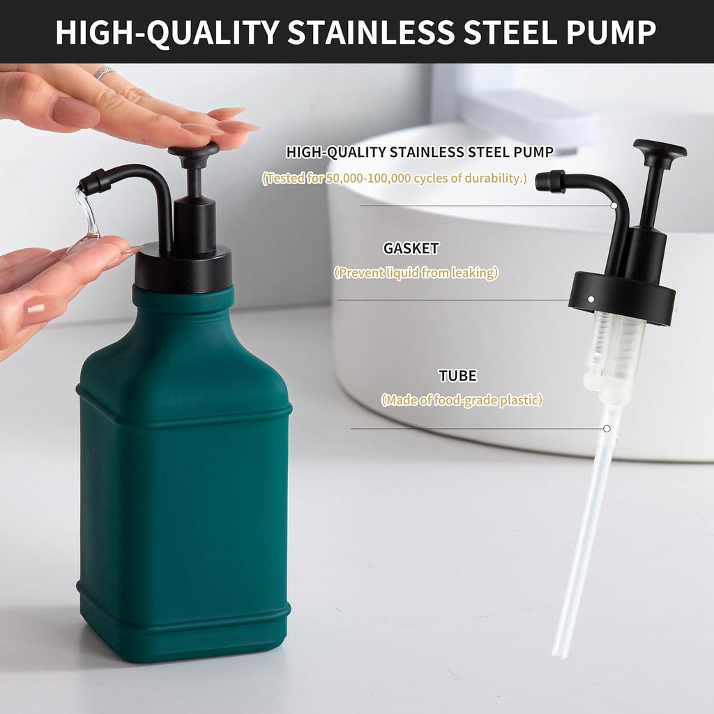 Enra Glass Soap Dispenser with Clear Window,12oz Matte Stainless Steel Hand Pump Dispenser,Hand and Liquid Soap Dispenser Rust Proof Countertop Lotion Bottle (Green-Square-Liquid)