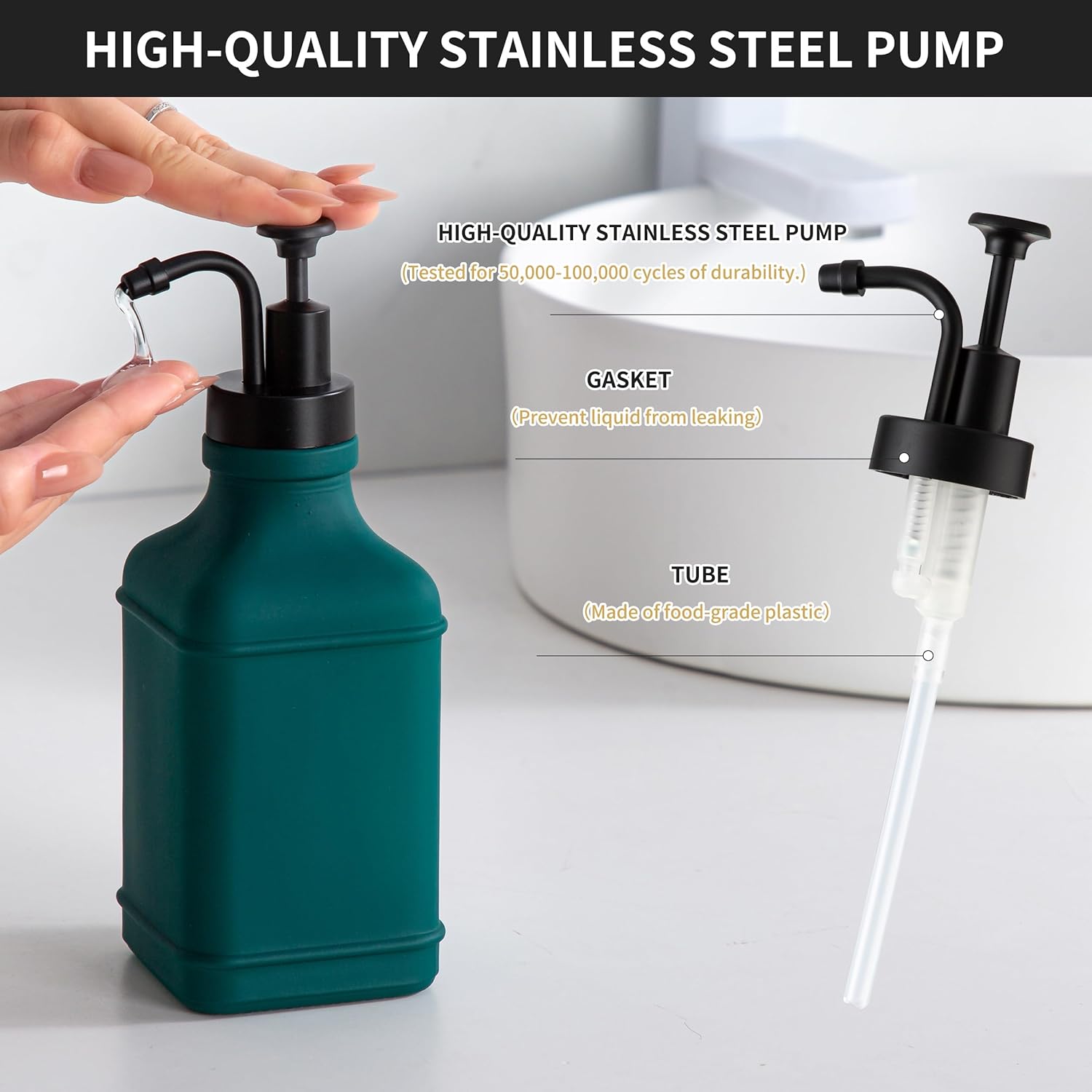 Enra Glass Soap Dispenser with Clear Window,12oz Matte Stainless Steel Hand Pump Dispenser,Hand and Liquid Soap Dispenser Rust Proof Countertop Lotion Bottle (Green-Square-Liquid)