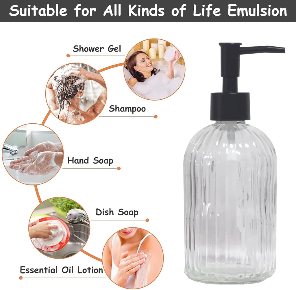Clear Glass Soap Dispenser with Black Plastic Pump, 13.5oz Refillable Liquid Hand Soap Dispenser, Lotion Dish Soap Dispenser for Modern Home Decor, Bathroom, Kitchen Countertop, Hotel