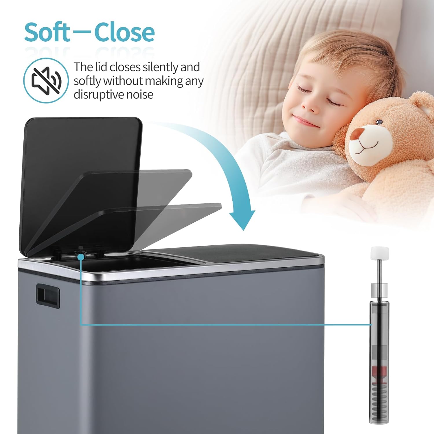 16 Gallon Rectangular Stainless Steel Trash Can, Dual Compartment Garbage Bin with Recycling Combo, Metal Dustbin Lid, Removable Liner, Indoor Hands Free Waste Bucket for Kitchen Home