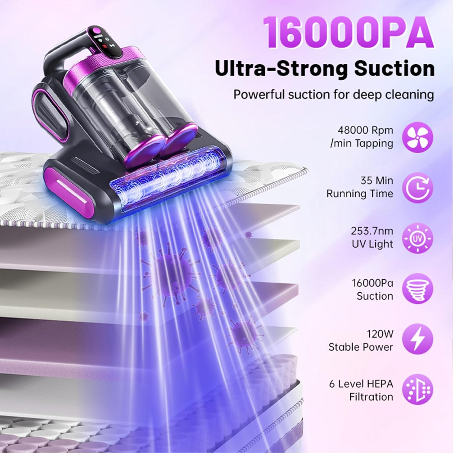 Bed Vacuum Cleaner, 16Kpa Mattress Vacuum Cleaner with 253.7nm UV-C Light 48000 RPM/Min Brushroll & Ultrasonic Tech Dual Bins for Dust & Widen Suction Port 120W Cordless for Bed Sofa(Purple)