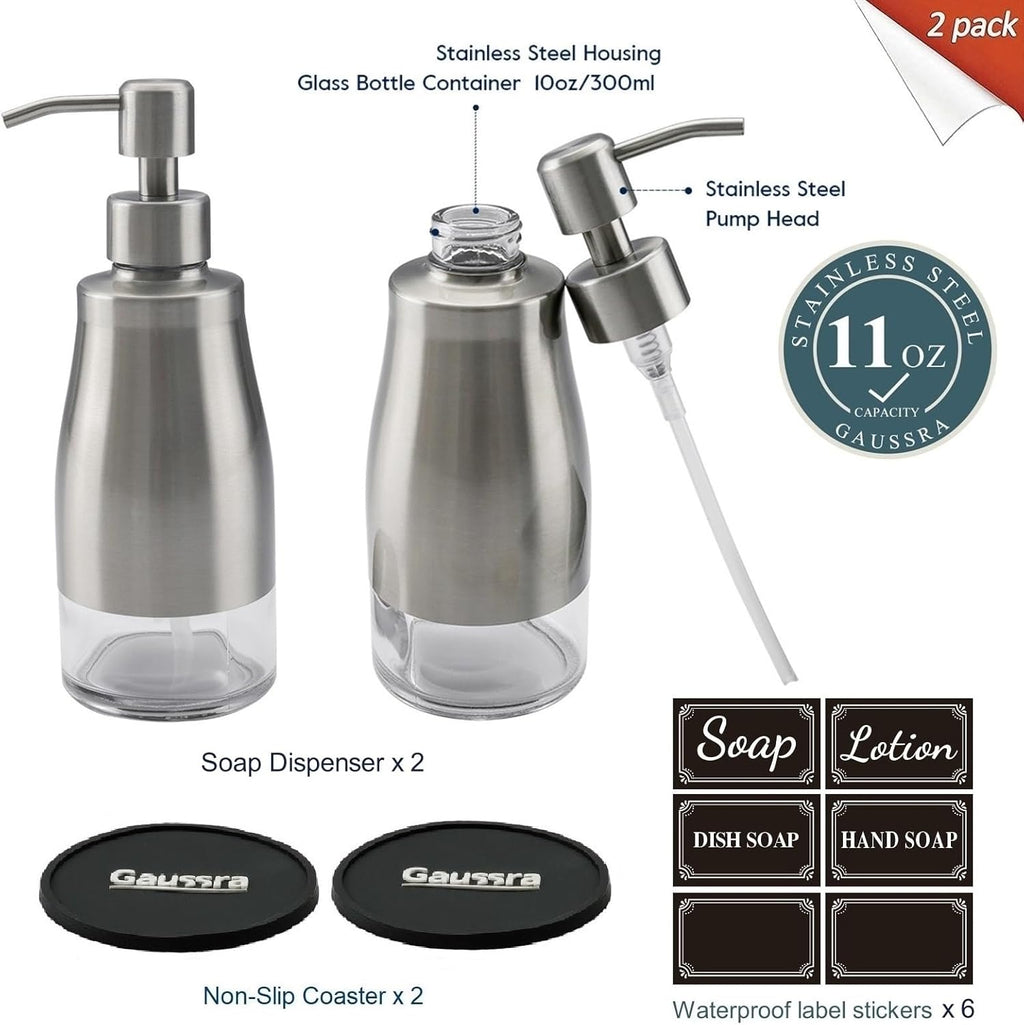 Gaussra 2 Pack Soap Dispenser with Coaster and Stickers, Stainless Steel Case Glass Liner Hand Pump Dispenser, Refillable Liquid Hand Soap Dispenser for Bathroom & Kitchen - Brushed Nickel