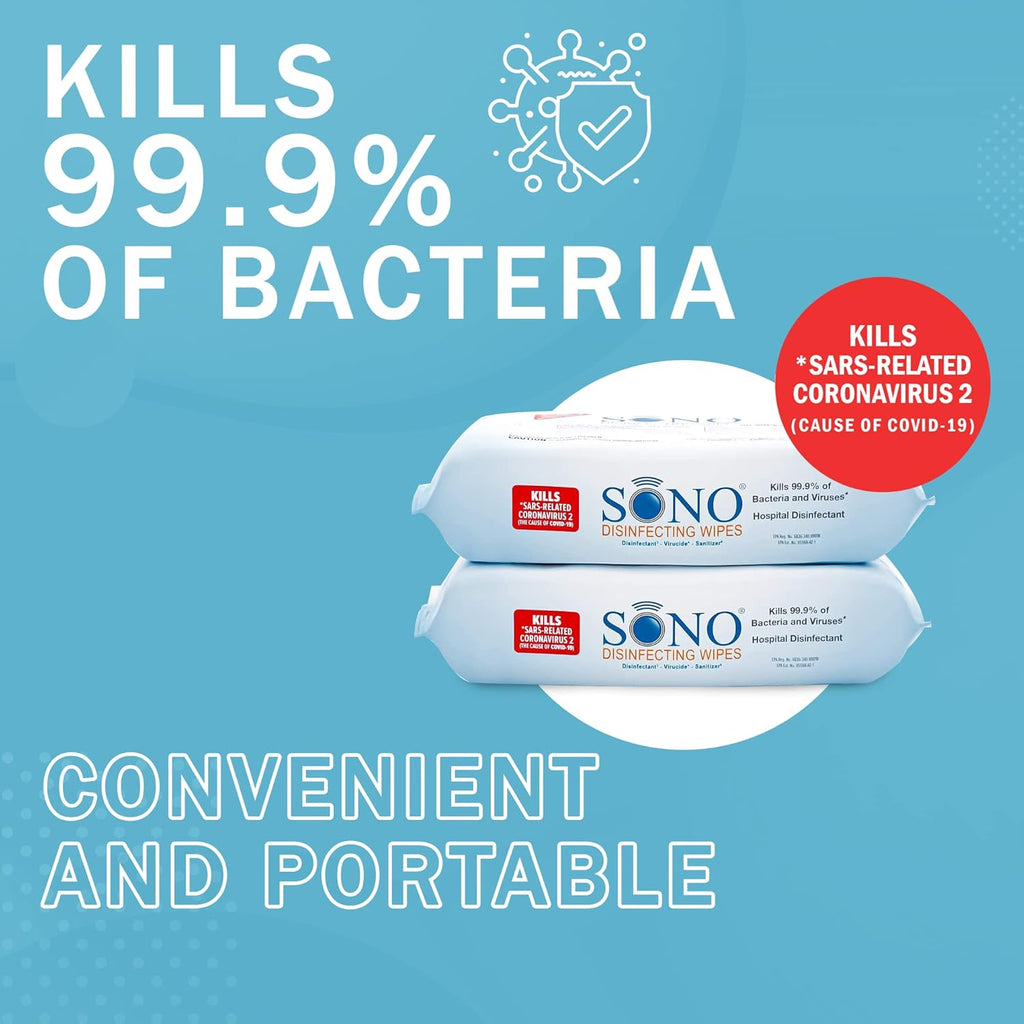 SONO Disinfecting Wipes - 160 Count (Pack of 2) + Sanitizer, Medical-Grade, Alcohol-Free, No Bleach, Gentle & Effective Multi-Surface Cleaning Solution, Larger Sheets