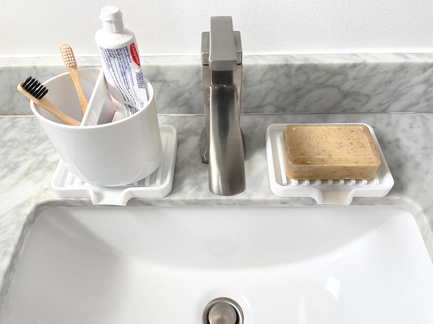 Happitasa Silicone Soap Dish Tray and Sponge Holder with Drain Chute, Pack of 2 | Bathroom and Kitchen Sink Organizer Caddy (Black, 5.2"x4", 7.2 Ounces)